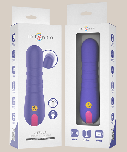 Pleasurements Stella paarse siliconen vibrator met stuwende functie vastgehouden in een hand