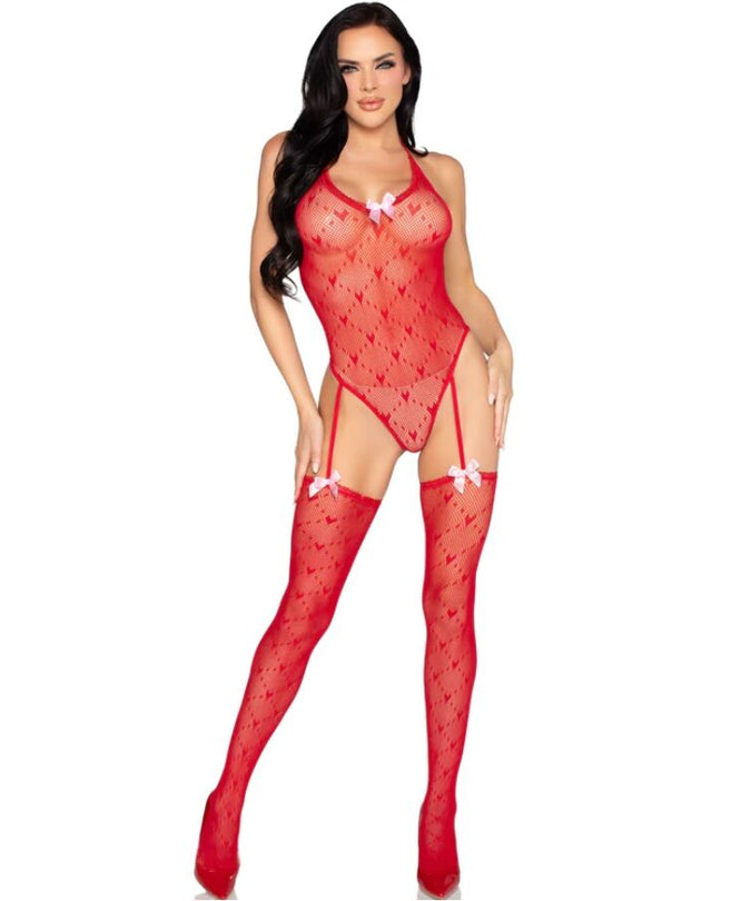 LEG AVENUE - 89360 OPEN BACK BODYSUIT WITH GARTER BELT RED - ONE SIZE