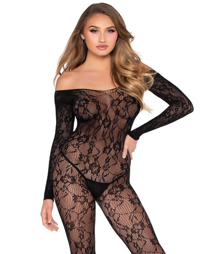 LEG AVENUE - 89366 KANTEN LINGERIE BODYSTOCKING ZWART - EEN MAAT