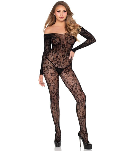 LEG AVENUE - 89366 KANTEN LINGERIE BODYSTOCKING ZWART - EEN MAAT