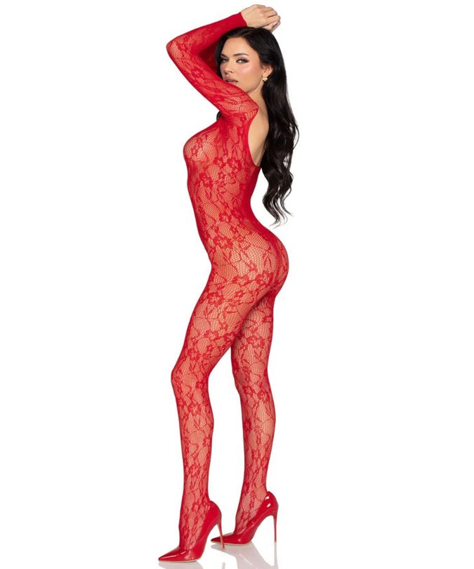 LEG AVENUE - 89366 KANTEN LINGERIE BODYSTOCKING ROOD - ONE SIZE