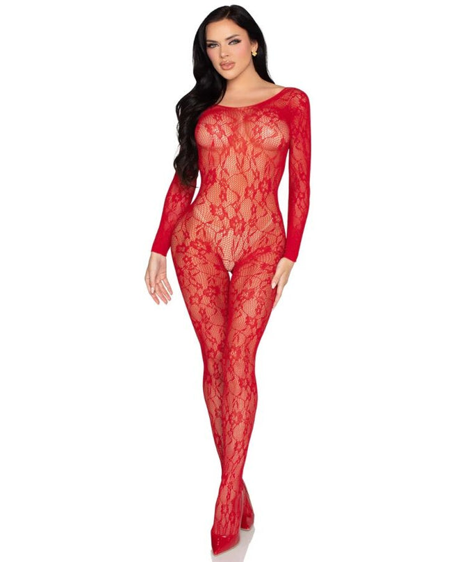 LEG AVENUE - 89366 KANTEN LINGERIE BODYSTOCKING ROOD - ONE SIZE