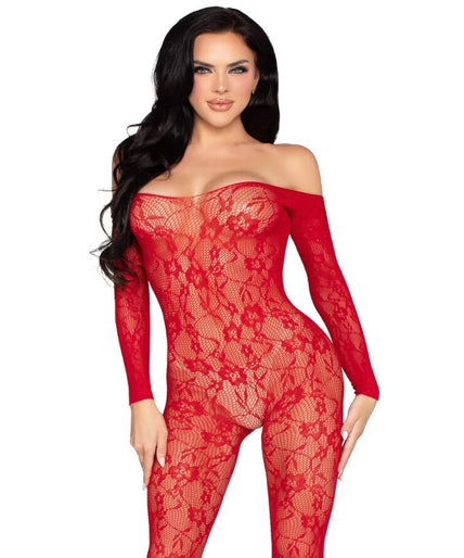 LEG AVENUE - 89366 KANTEN LINGERIE BODYSTOCKING ROOD - ONE SIZE