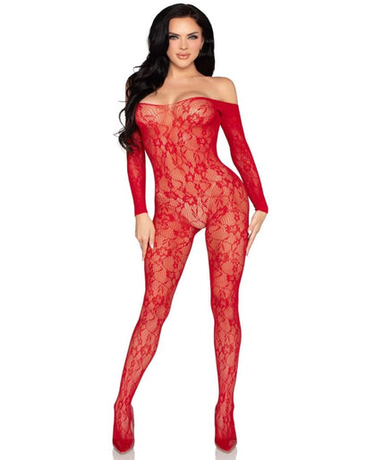 LEG AVENUE - 89366 KANTEN LINGERIE BODYSTOCKING ROOD - ONE SIZE