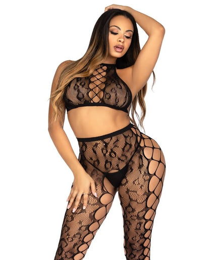LEG AVENUE - 89372 CROPTOP & KRUISLOZE PANTY ZWART - ONE SIZE