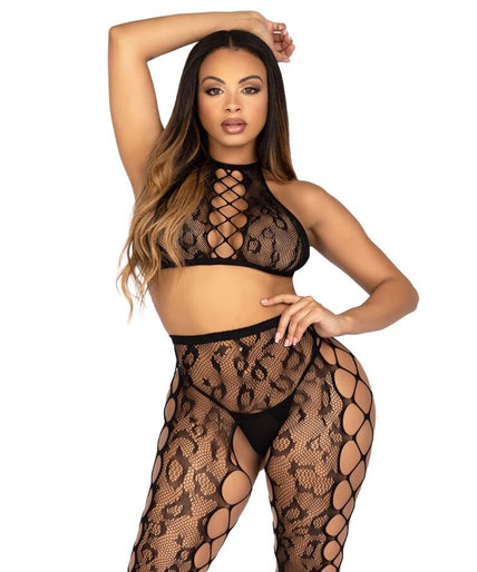 LEG AVENUE - 89372 CROPTOP & KRUISLOZE PANTY ZWART - ONE SIZE