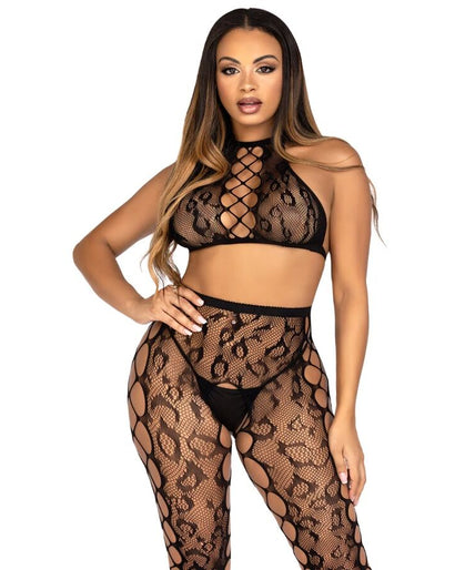 LEG AVENUE - 89372 CROPTOP & KRUISLOZE PANTY ZWART - ONE SIZE