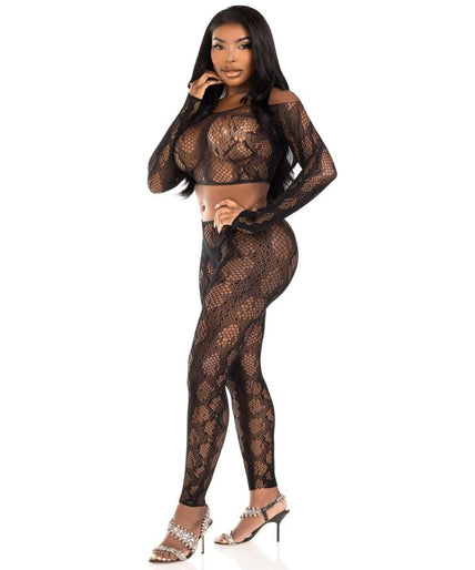LEG AVENUE - 89373 PYTHON CROP TOP & VOETLOZE PANTY ZWART - EEN MAAT