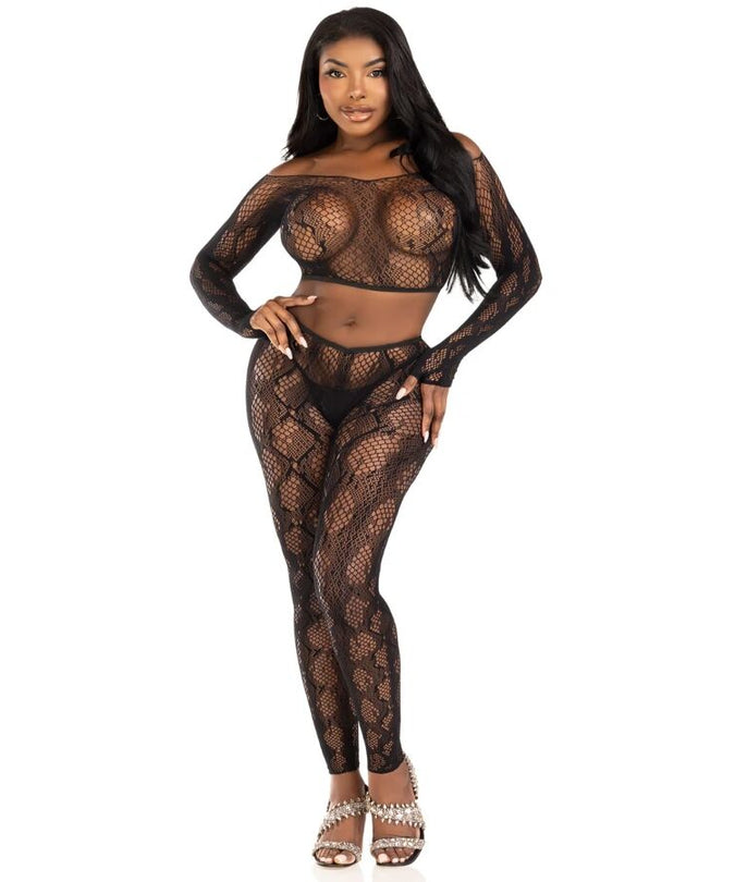 LEG AVENUE - 89373 PYTHON CROP TOP & VOETLOZE PANTY ZWART - EEN MAAT