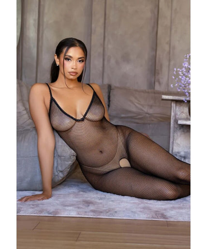 LEG AVENUE - 89375 KRUISLOZE VISNET PANTY BODY ZWART - EÉN MAAT