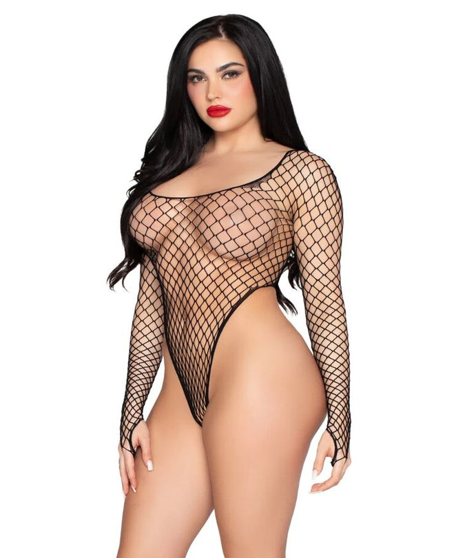 LEG AVENUE - 89377 HIGH-CUT INDUSTRIAL NET BODYSUIT ZWART - EEN MAAT