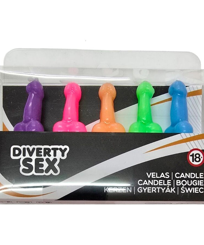 Diablo Picante – Doos met 5 kaarsen in de vorm van een penis in verschillende kleuren