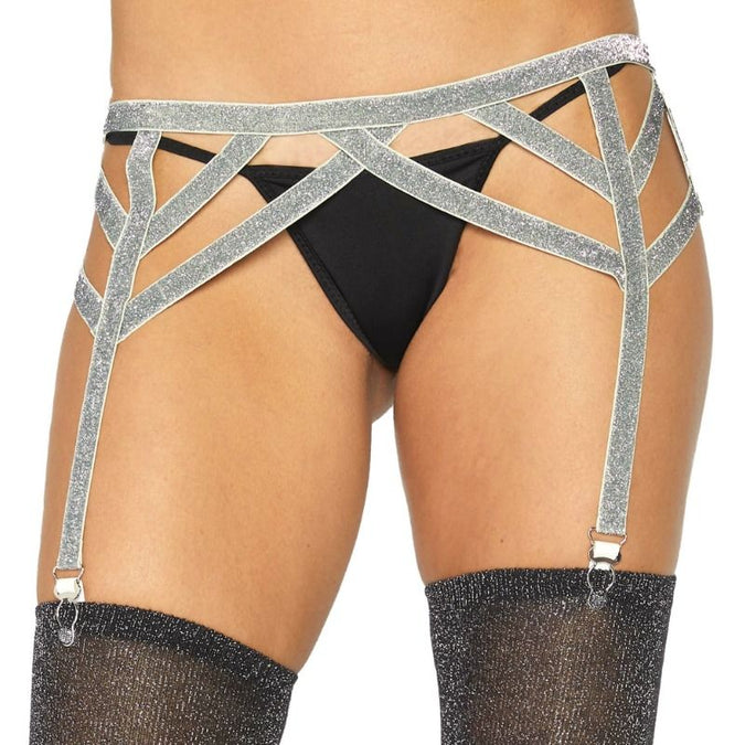 LEG AVENUE - ZILVEREN LUREX ELASTISCHE JARRETELLEGORDEL ONE SIZE