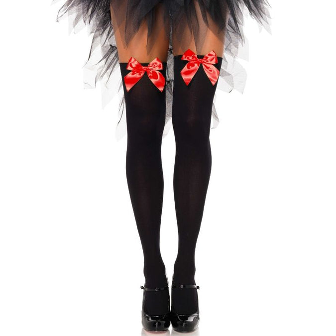 LEG AVENUE - ZWARTE NYLON DIJKOUSEN MET RODE STRIK ONE SIZE