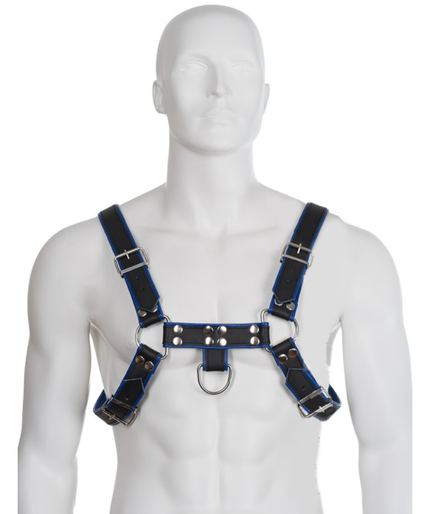 Lederen Body – Blauw En Zwart Lederen Harnas Borst Bulldog