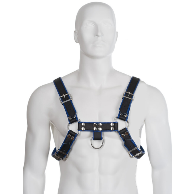 Lederen Body – Blauw En Zwart Lederen Harnas Borst Bulldog