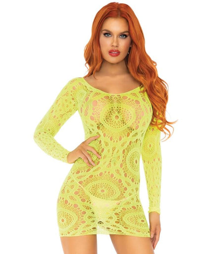 LEG AVENUE - CROCHET LACE LONG SLEEVE MINI DRESS NEON ONE SIZE