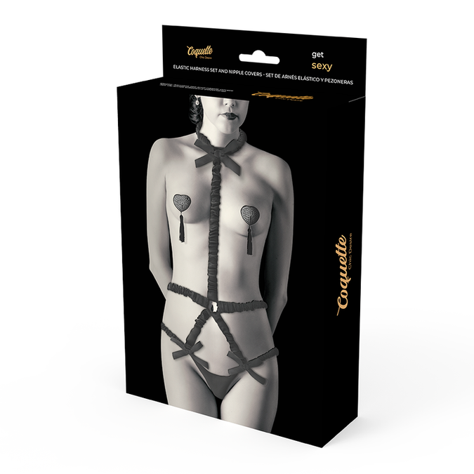 COQUETTE CHIC DESIRE - ELASTISCHE HARNASSET EN NIPPLE COVERS ZWART