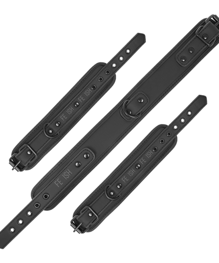 Fetish Submissive – Vegan Leather Necklace and Handcuffs with Noprene Lining