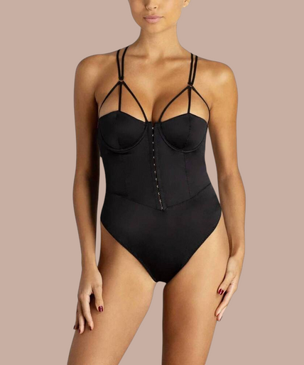 Pleasurements Coco de Mer zwarte zijden Sylph bodysuit met sweetheart halslijn en gestructureerde bandjes
