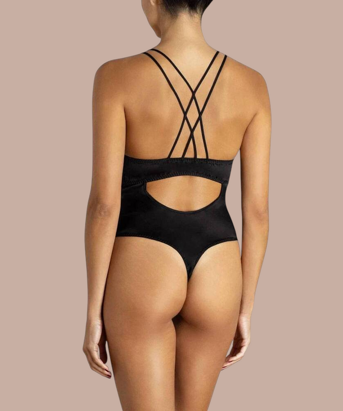 Pleasurements Coco de Mer Sylph zwarte zijden bodysuit met gekruiste bandjes op de rug en string-achterkant