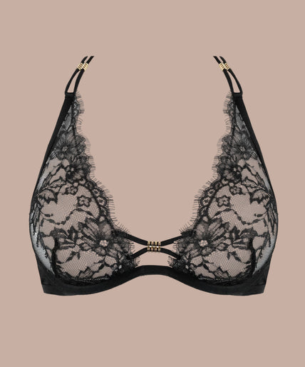 Pleasurements Atelier Amour zwarte kanten beugel-driehoekbh met verfijnde bandjes en gouden accenten