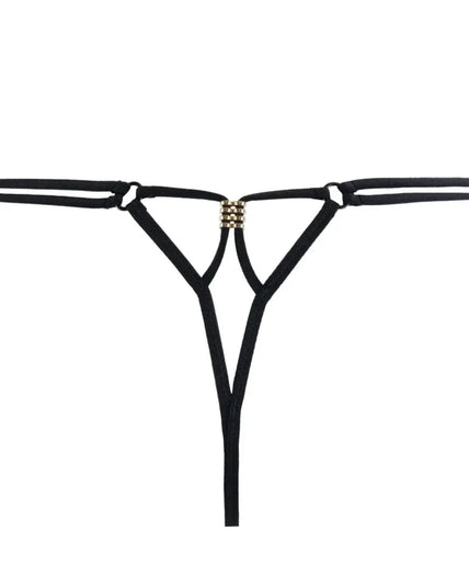 Pleasurements Atelier Amour Sans Détour zwarte string met fijne tailleband en gouden accenten op de rug