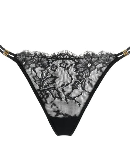 Pleasurements Atelier Amour Sans Détour zwarte string met fijne tailleband en gouden accenten op de rug