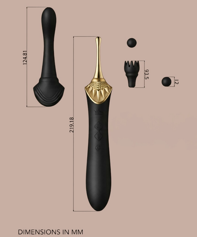 Pleasurements Zalo Bess 2 zwarte clitorisstimulator met verwisselbare opzetstukken en afmetingen in millimeters.