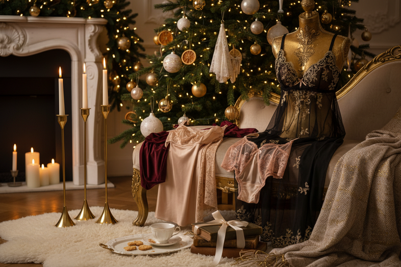 warme kerstsfeer met kaarsen, kerstversiering en atelier amour lingerie 