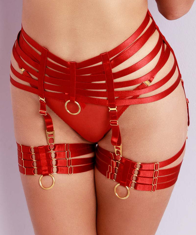 Front Bordelle Bondage Webbed Suspender in red